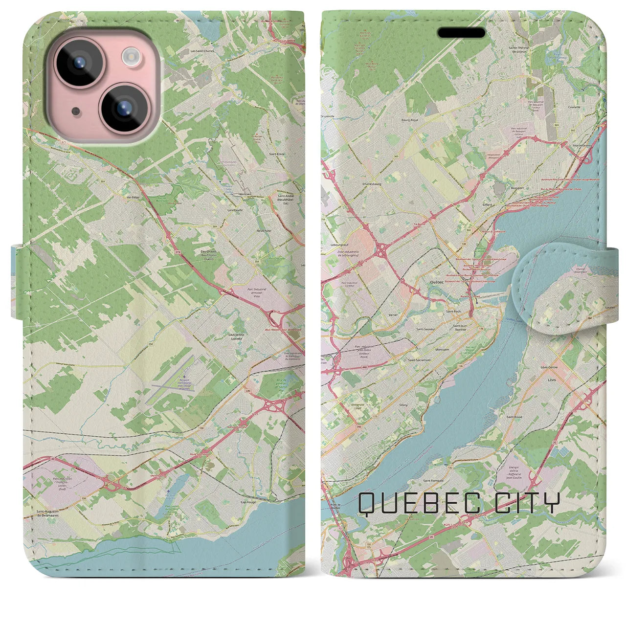【ケベック・シティー】地図柄iPhoneケース（手帳両面タイプ・ナチュラル）iPhone 15 Plus 用