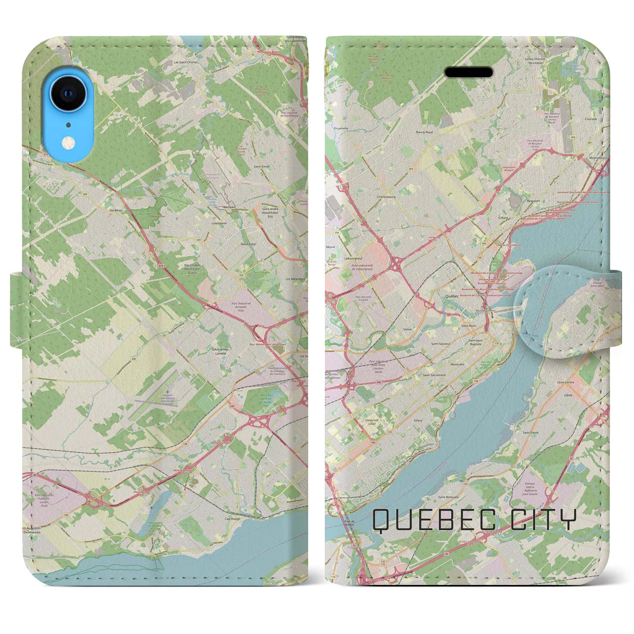 【ケベック・シティー】地図柄iPhoneケース（手帳両面タイプ・ナチュラル）iPhone XR 用