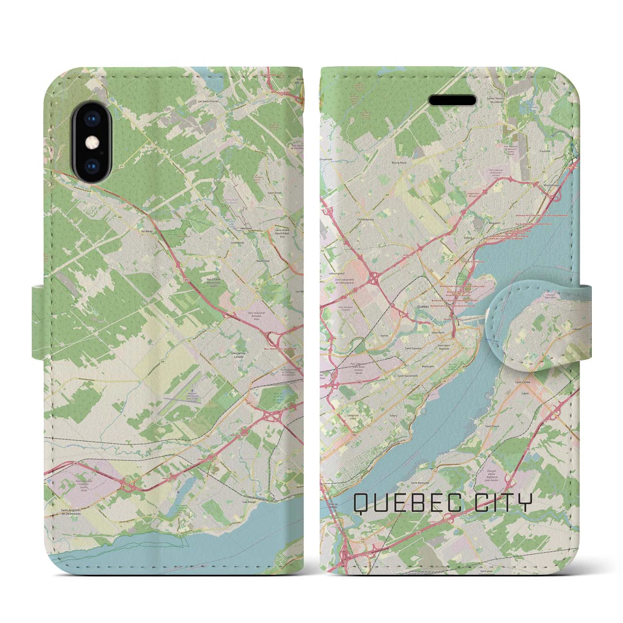 【ケベック・シティー】地図柄iPhoneケース（手帳両面タイプ・ナチュラル）iPhone XS / X 用