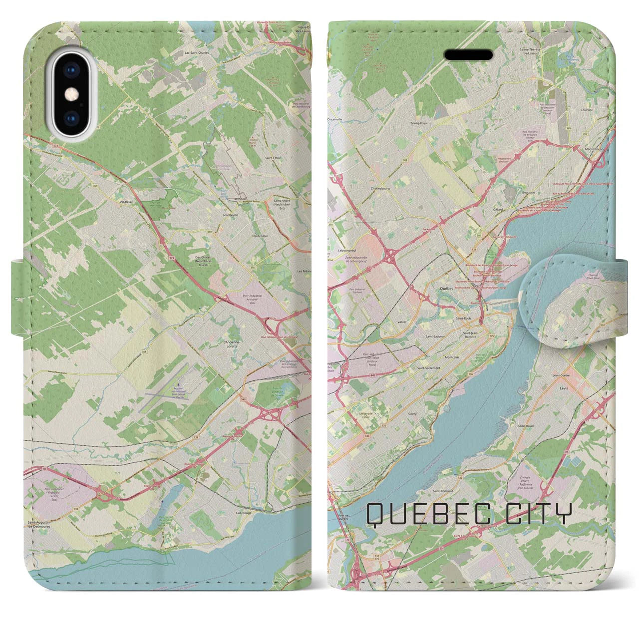 【ケベック・シティー】地図柄iPhoneケース（手帳両面タイプ・ナチュラル）iPhone XS Max 用