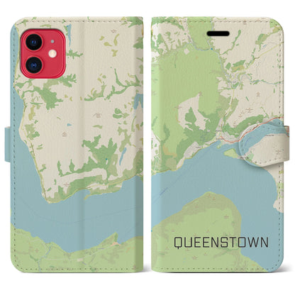 【クイーンズタウン（ニュージーランド）】地図柄iPhoneケース（手帳タイプ）ナチュラル・iPhone 11 用