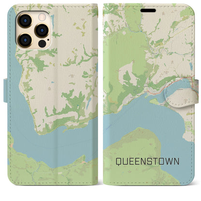 【クイーンズタウン（ニュージーランド）】地図柄iPhoneケース（手帳タイプ）ナチュラル・iPhone 12 Pro Max 用