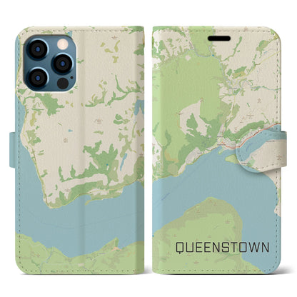 【クイーンズタウン（ニュージーランド）】地図柄iPhoneケース（手帳タイプ）ナチュラル・iPhone 12 / 12 Pro 用