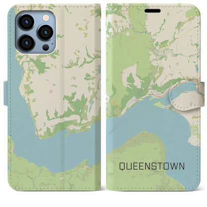 【クイーンズタウン（ニュージーランド）】地図柄iPhoneケース（手帳タイプ）ナチュラル・iPhone 13 Pro Max 用