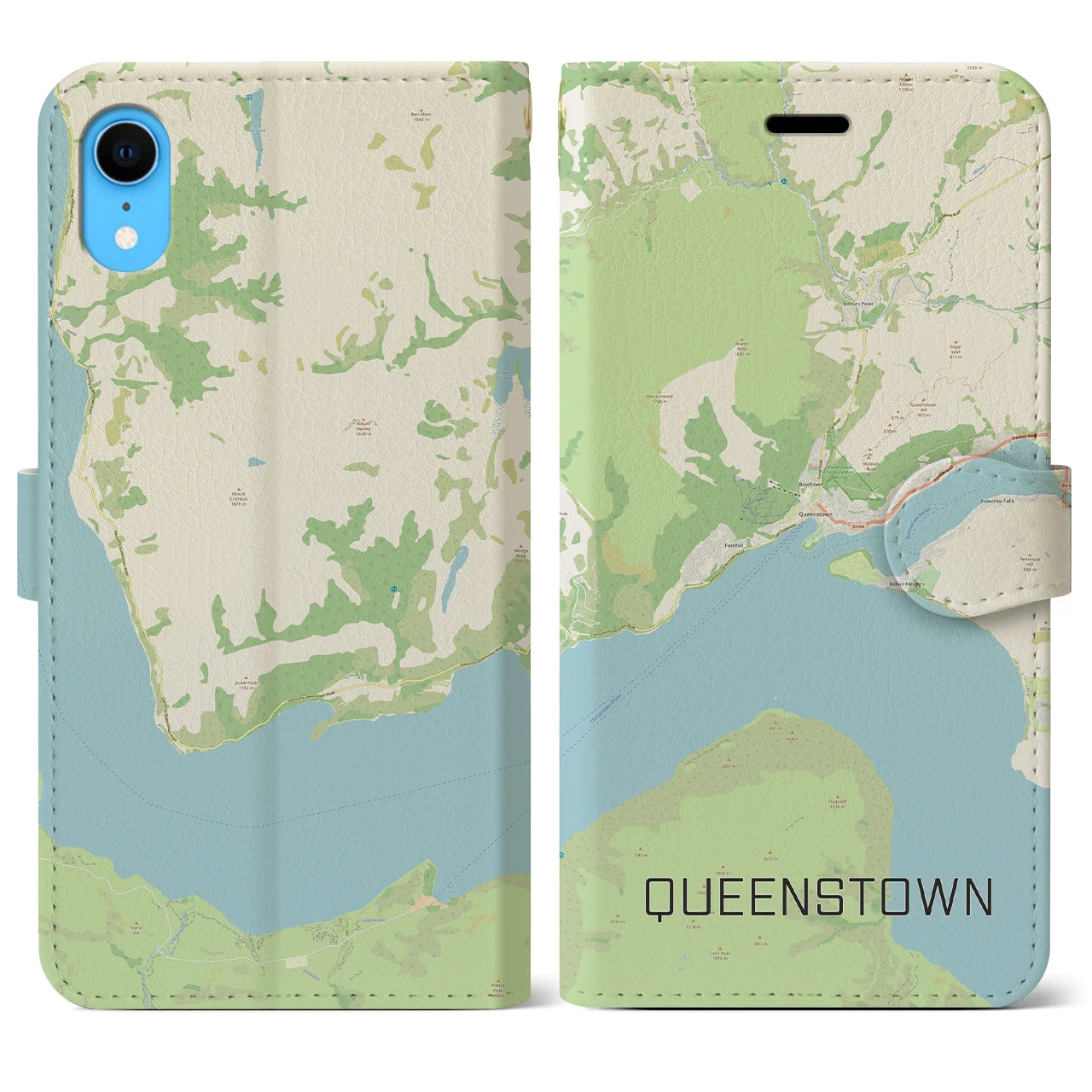 【クイーンズタウン】地図柄iPhoneケース（手帳両面タイプ・ナチュラル）iPhone XR 用