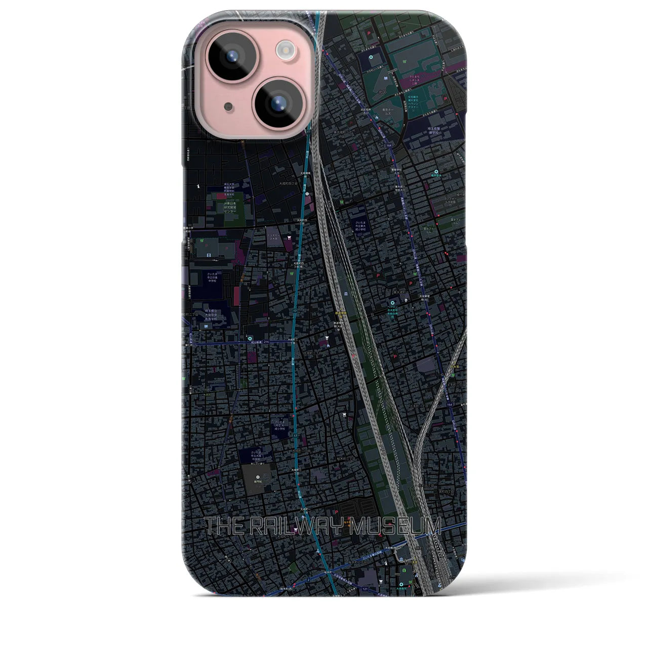 【鉄道博物館】地図柄iPhoneケース（バックカバータイプ・ブラック）iPhone 15 Plus 用