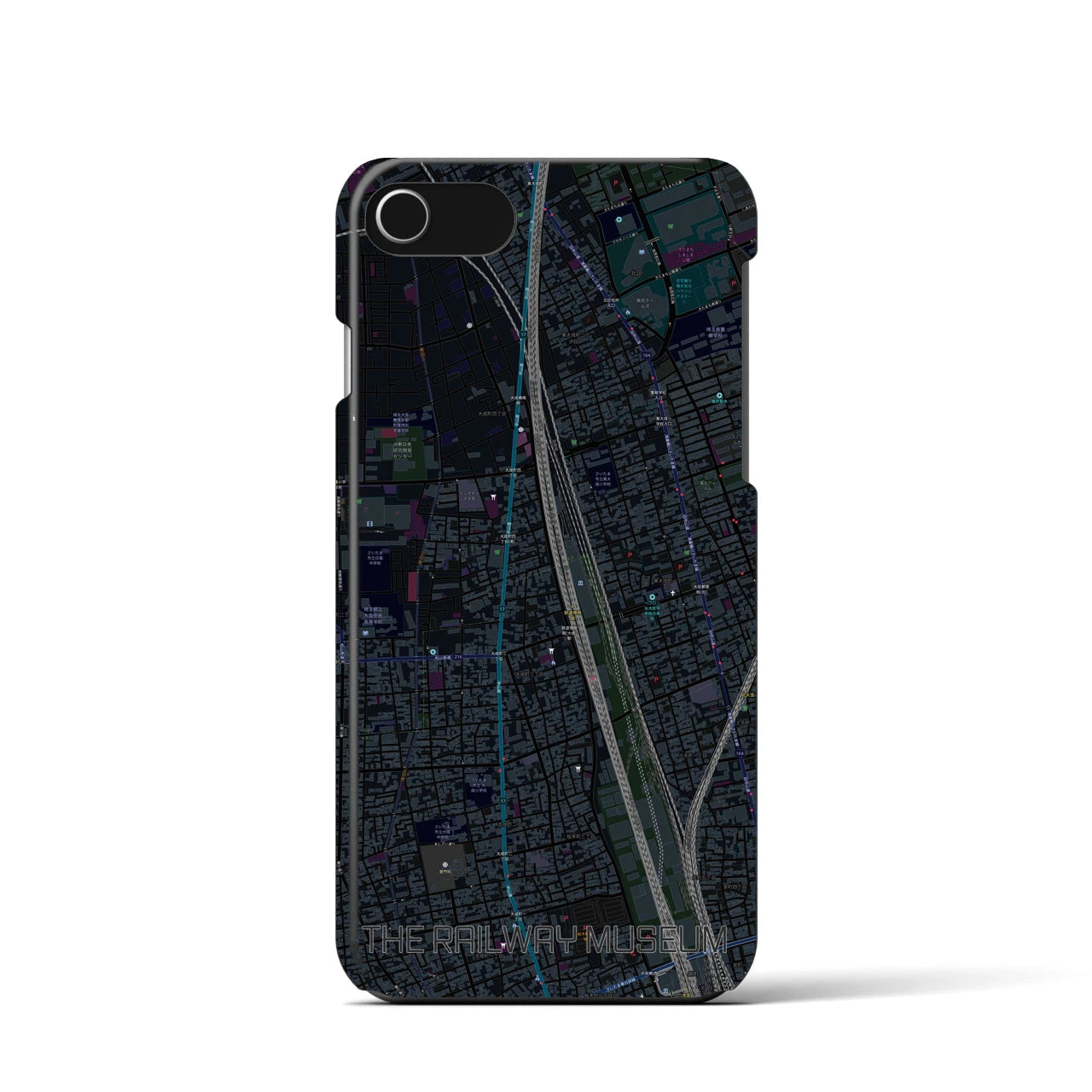 【鉄道博物館】地図柄iPhoneケース（バックカバータイプ・ブラック）iPhone SE（第3 / 第2世代） / 8 / 7 / 6s / 6 用