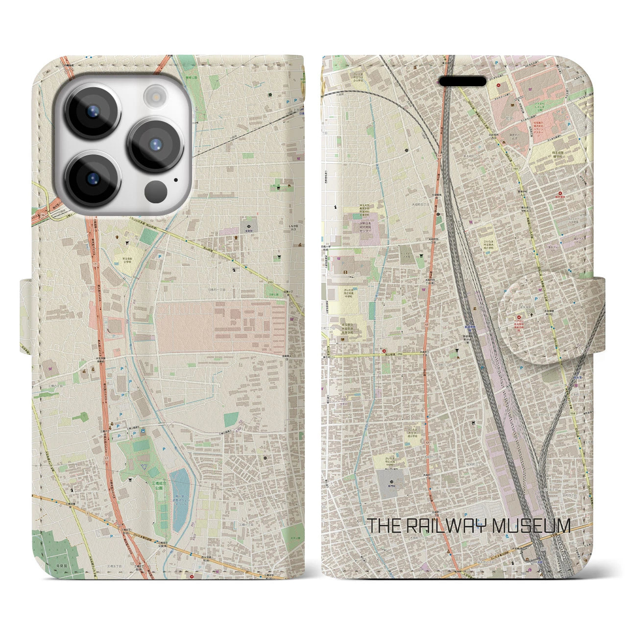 【鉄道博物館】地図柄iPhoneケース（手帳両面タイプ・ナチュラル）iPhone 14 Pro 用