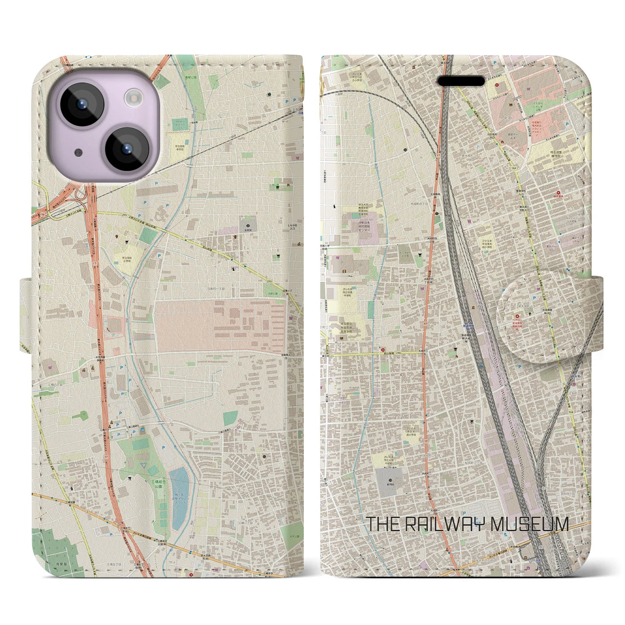 【鉄道博物館】地図柄iPhoneケース（手帳両面タイプ・ナチュラル）iPhone 14 用