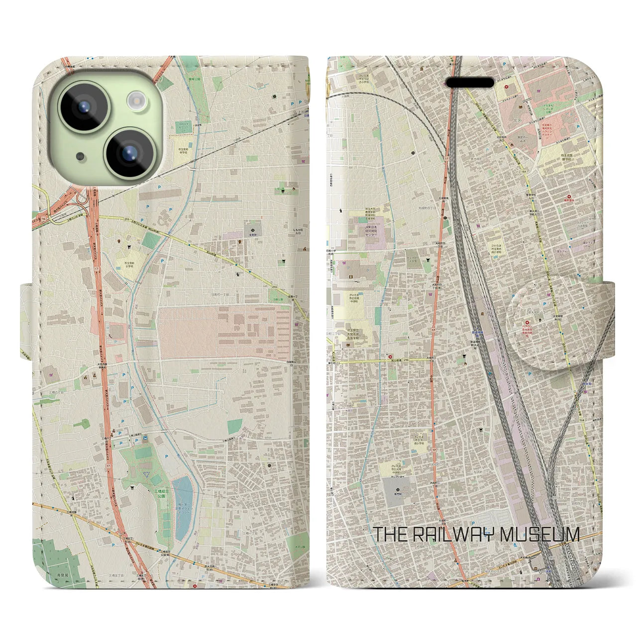 【鉄道博物館】地図柄iPhoneケース（手帳両面タイプ・ナチュラル）iPhone 15 用