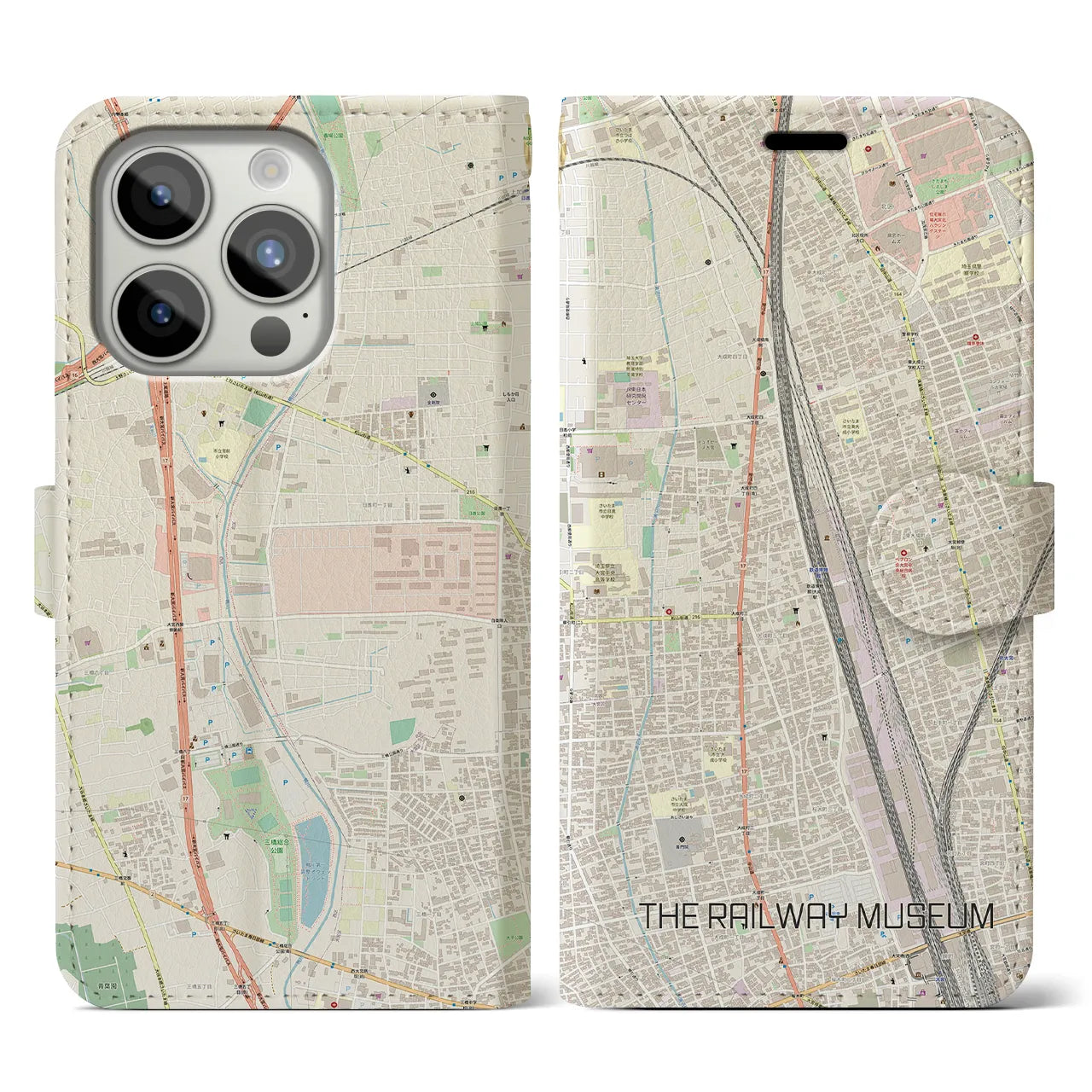 【鉄道博物館】地図柄iPhoneケース（手帳両面タイプ・ナチュラル）iPhone 15 Pro 用