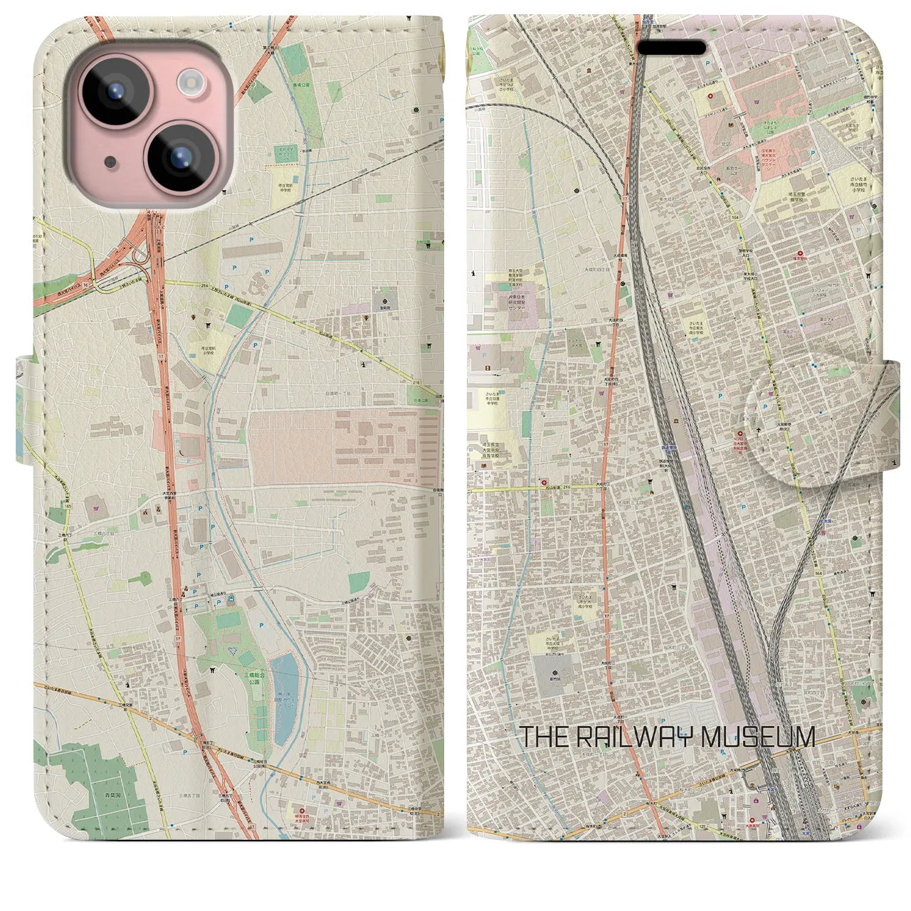 【鉄道博物館】地図柄iPhoneケース（手帳両面タイプ・ナチュラル）iPhone 15 Plus 用