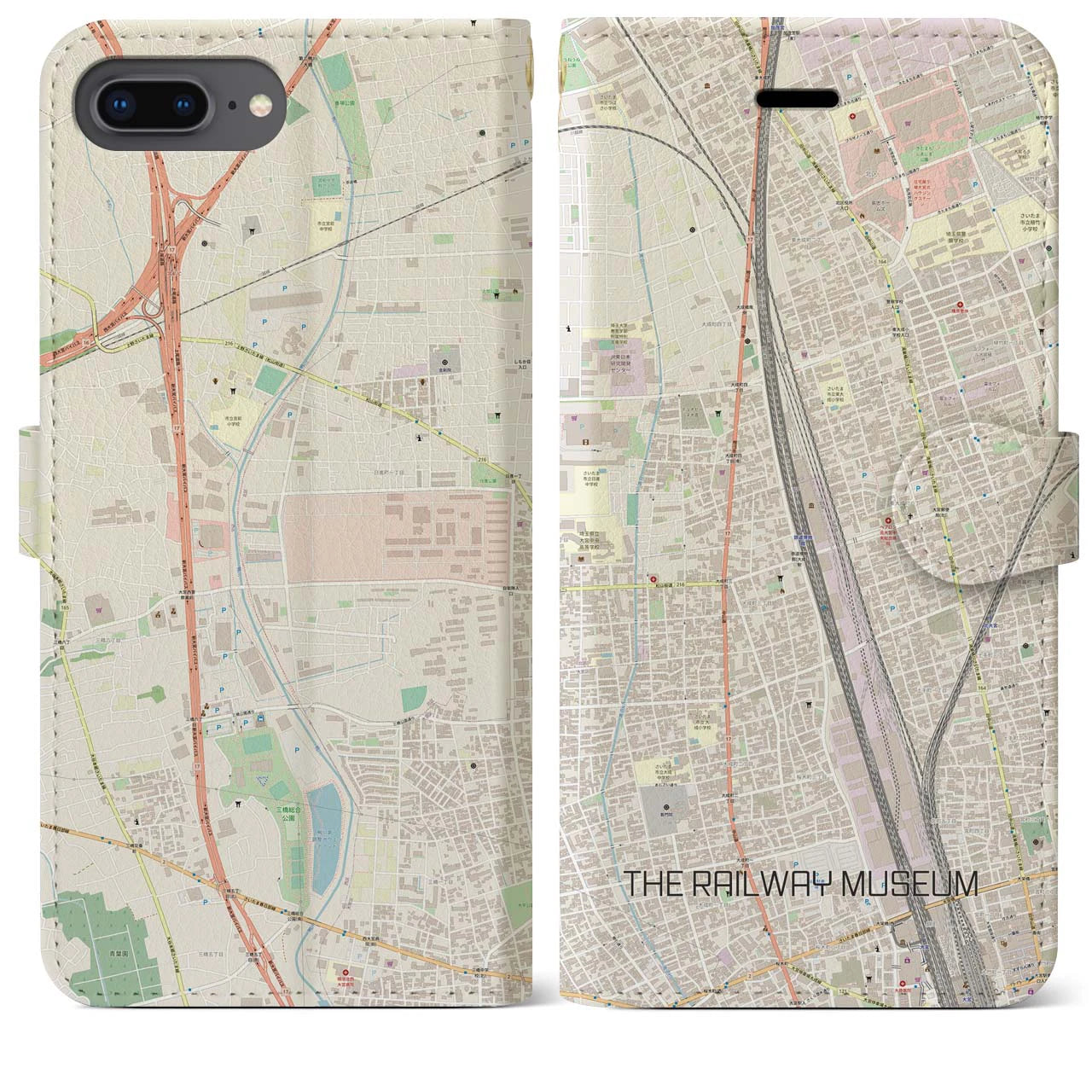 【鉄道博物館】地図柄iPhoneケース（手帳両面タイプ・ナチュラル）iPhone 8Plus /7Plus / 6sPlus / 6Plus 用
