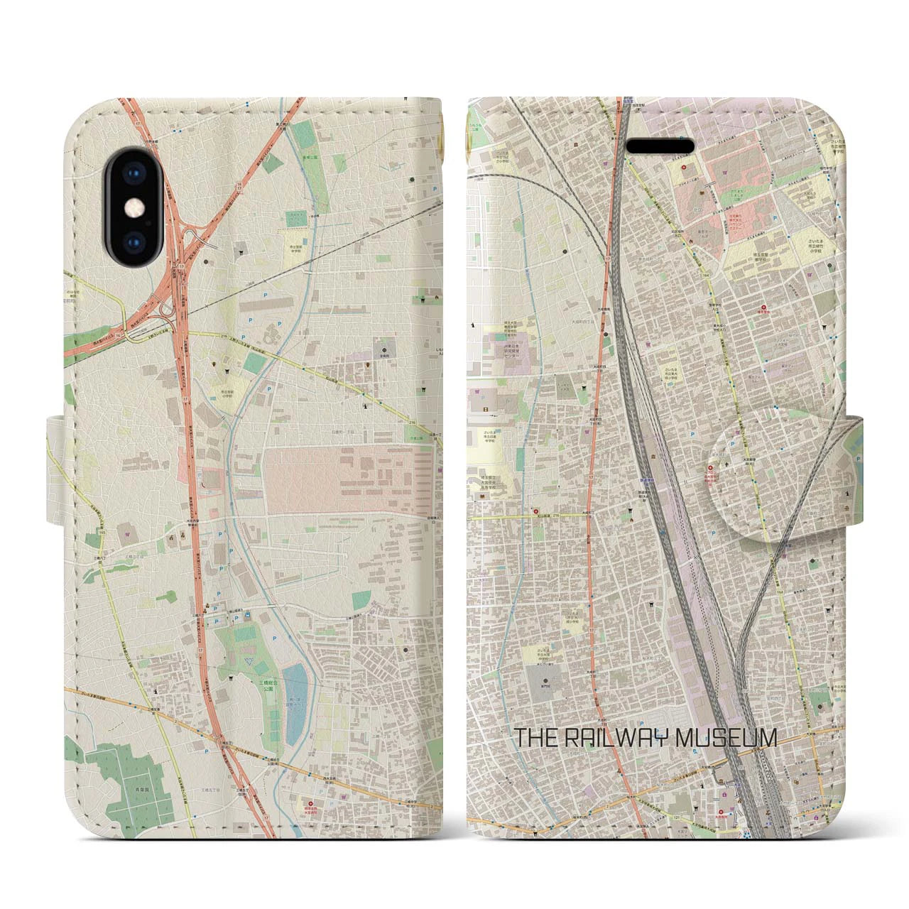 【鉄道博物館】地図柄iPhoneケース（手帳両面タイプ・ナチュラル）iPhone XS / X 用