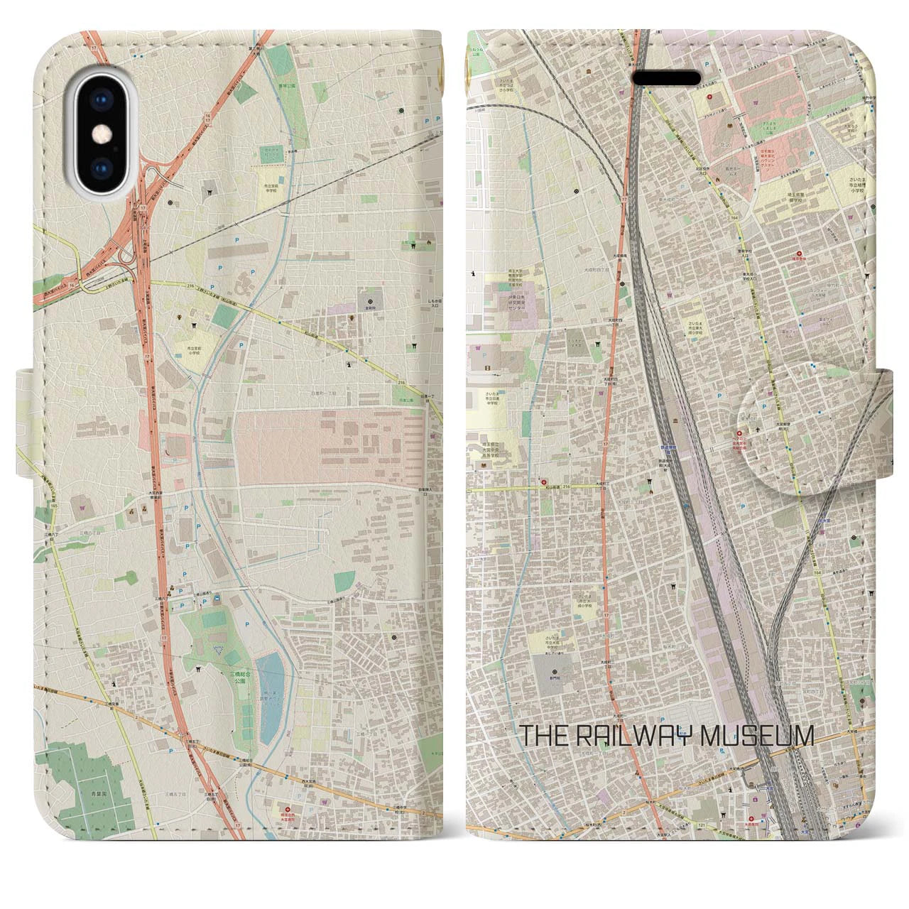 【鉄道博物館】地図柄iPhoneケース（手帳両面タイプ・ナチュラル）iPhone XS Max 用