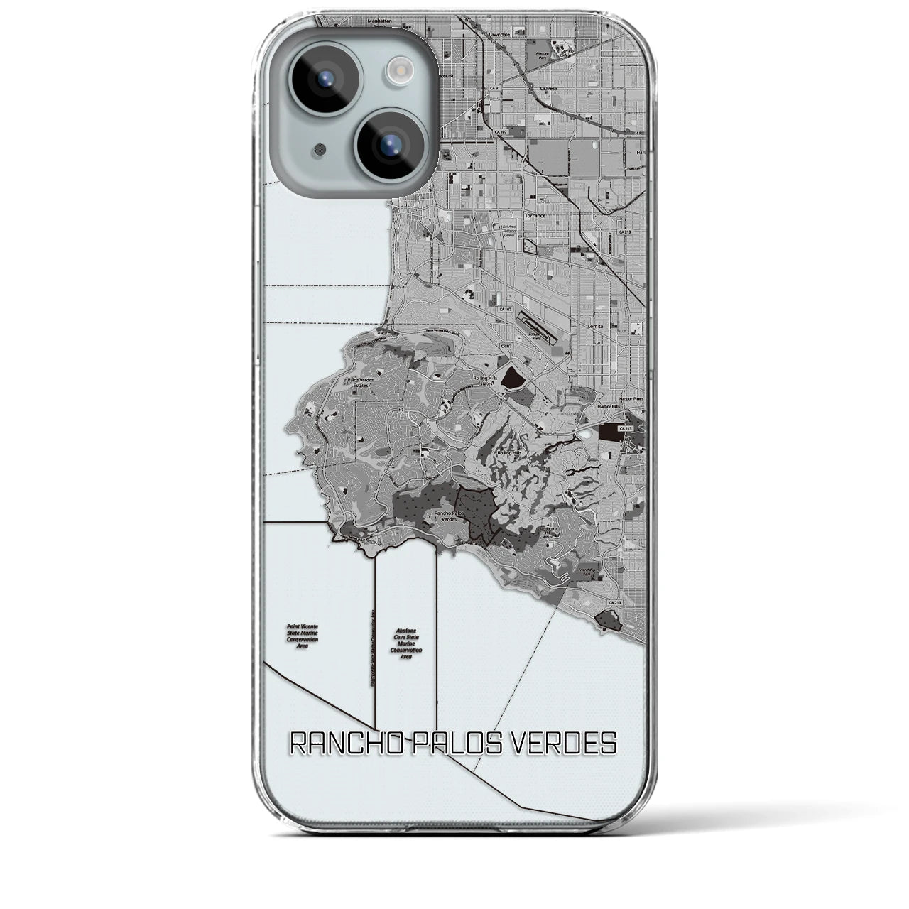 【ランチョ・パロス・ベルデス】地図柄iPhoneケース（クリアタイプ・モノトーン）iPhone 15 Plus 用