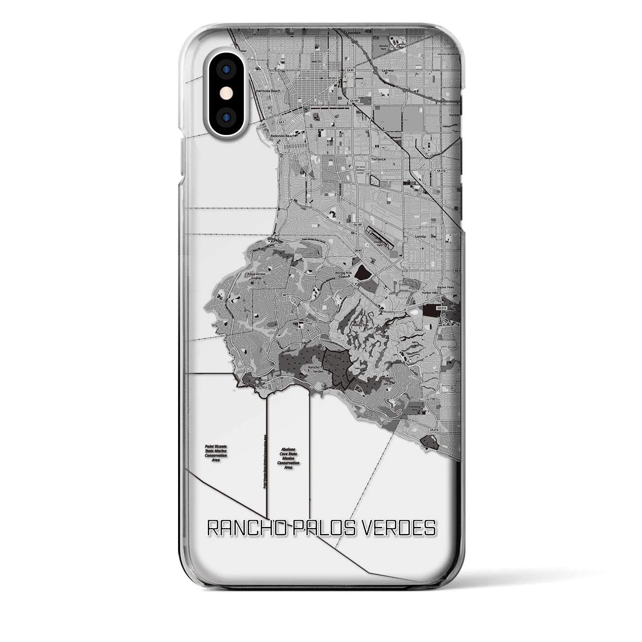 【ランチョ・パロス・ベルデス】地図柄iPhoneケース（クリアタイプ・モノトーン）iPhone XS Max 用