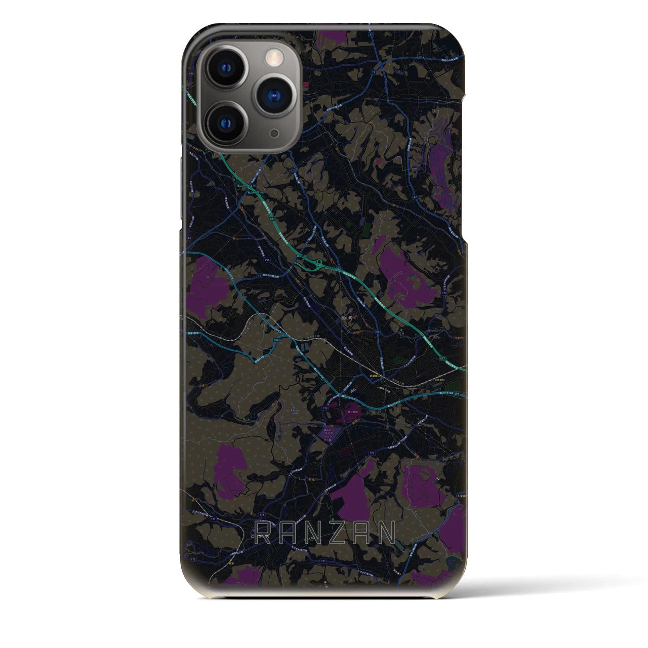 【嵐山（埼玉県）】地図柄iPhoneケース（バックカバータイプ・ブラック）iPhone 11 Pro Max 用