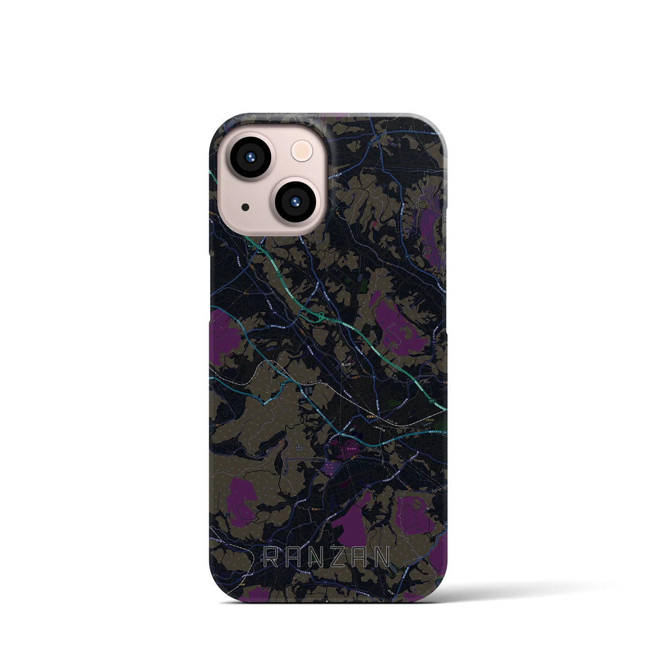 【嵐山（埼玉県）】地図柄iPhoneケース（バックカバータイプ・ブラック）iPhone 13 mini 用