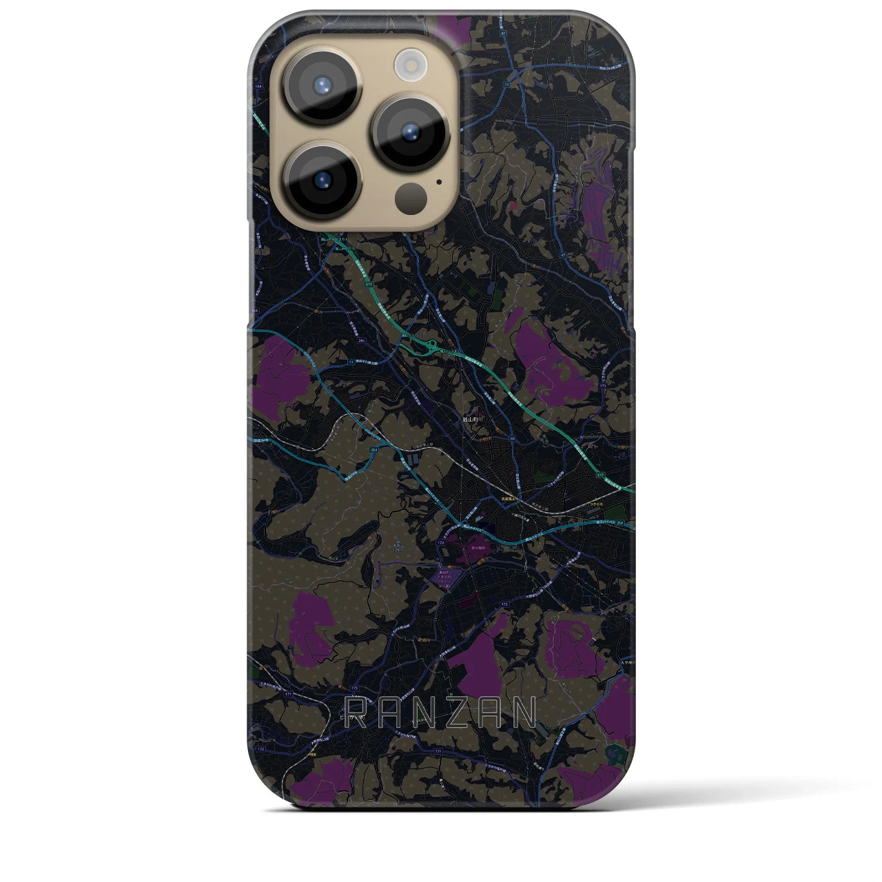 【嵐山（埼玉県）】地図柄iPhoneケース（バックカバータイプ・ブラック）iPhone 14 Pro Max 用