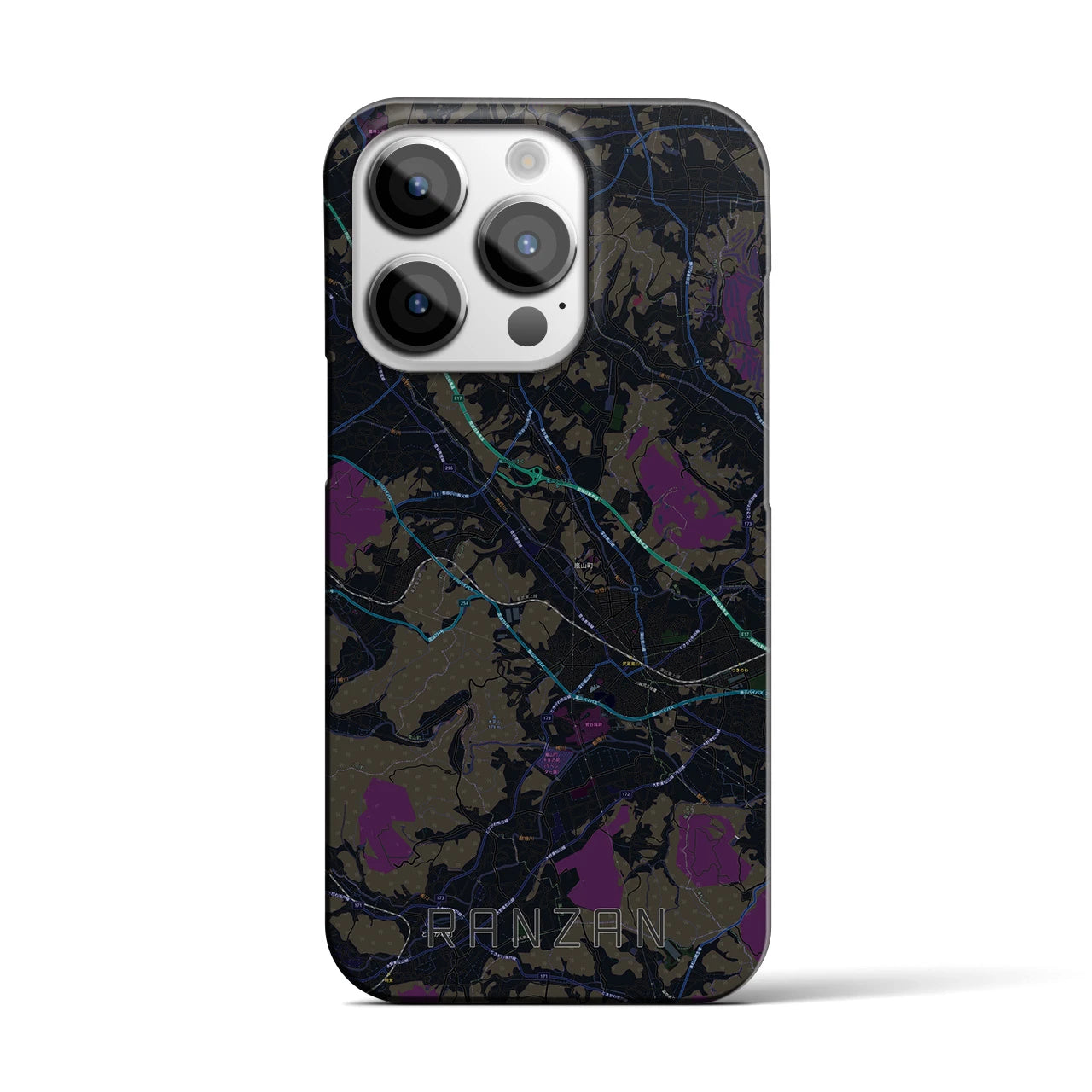 【嵐山（埼玉県）】地図柄iPhoneケース（バックカバータイプ・ブラック）iPhone 14 Pro 用