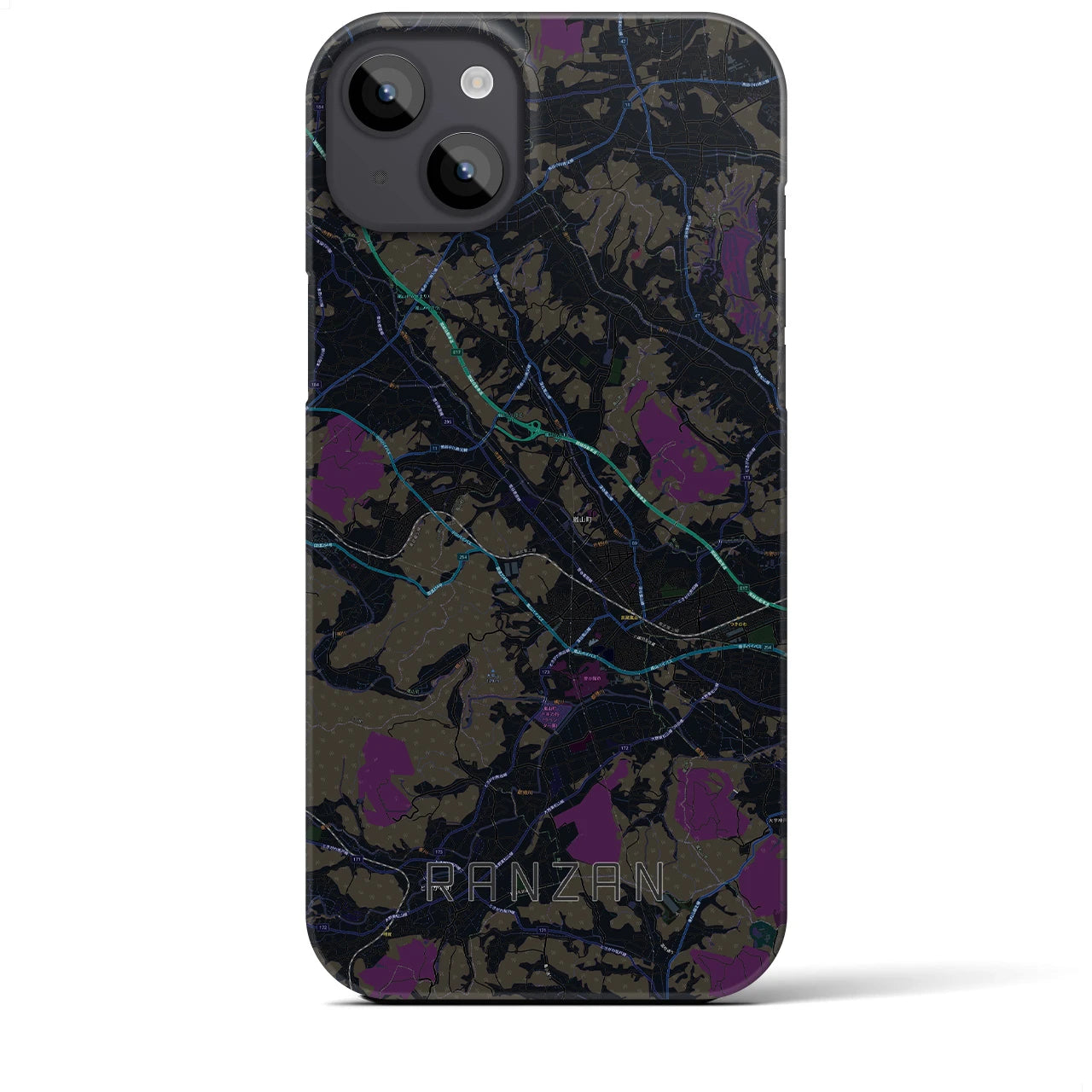 【嵐山（埼玉県）】地図柄iPhoneケース（バックカバータイプ・ブラック）iPhone 14 Plus 用