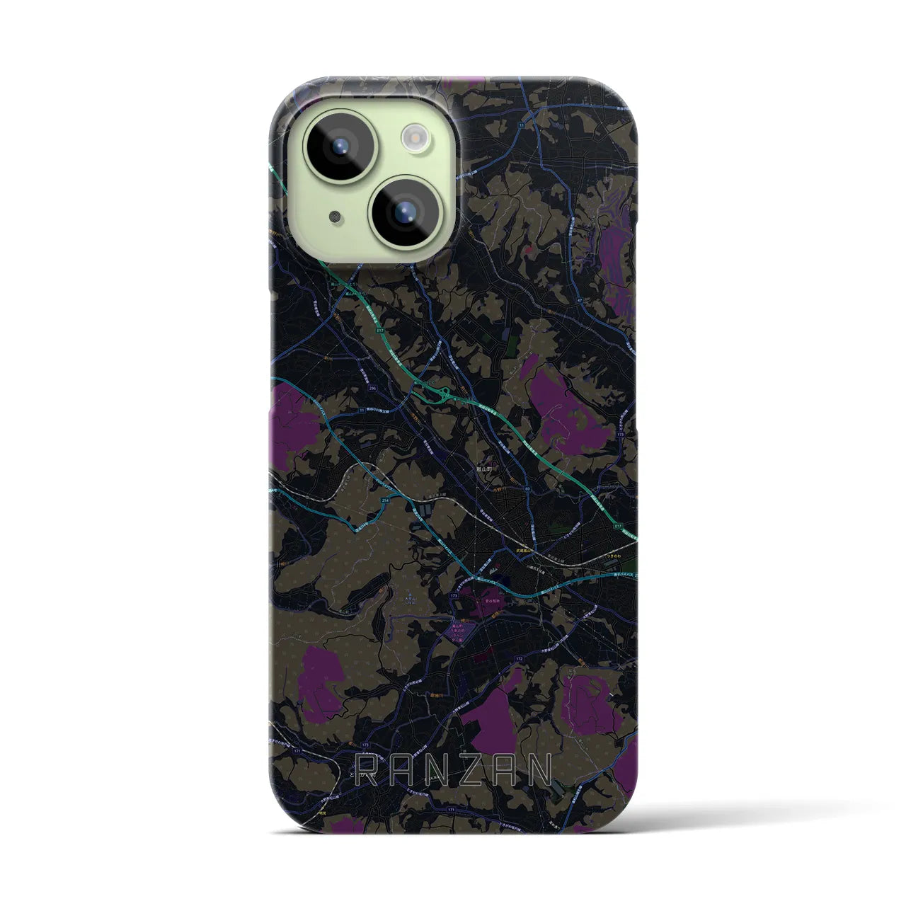 【嵐山（埼玉県）】地図柄iPhoneケース（バックカバータイプ・ブラック）iPhone 15 用