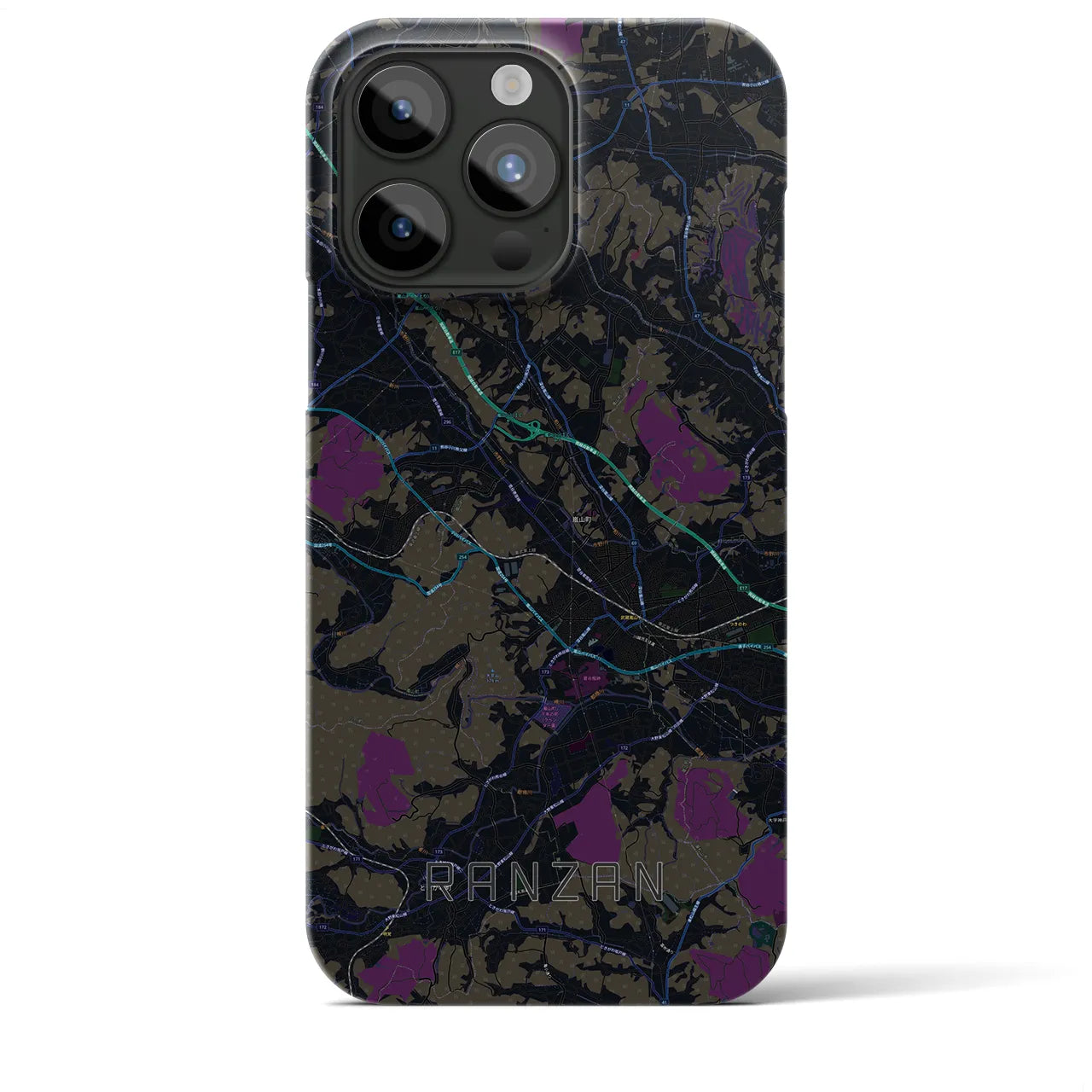 【嵐山（埼玉県）】地図柄iPhoneケース（バックカバータイプ・ブラック）iPhone 15 Pro Max 用