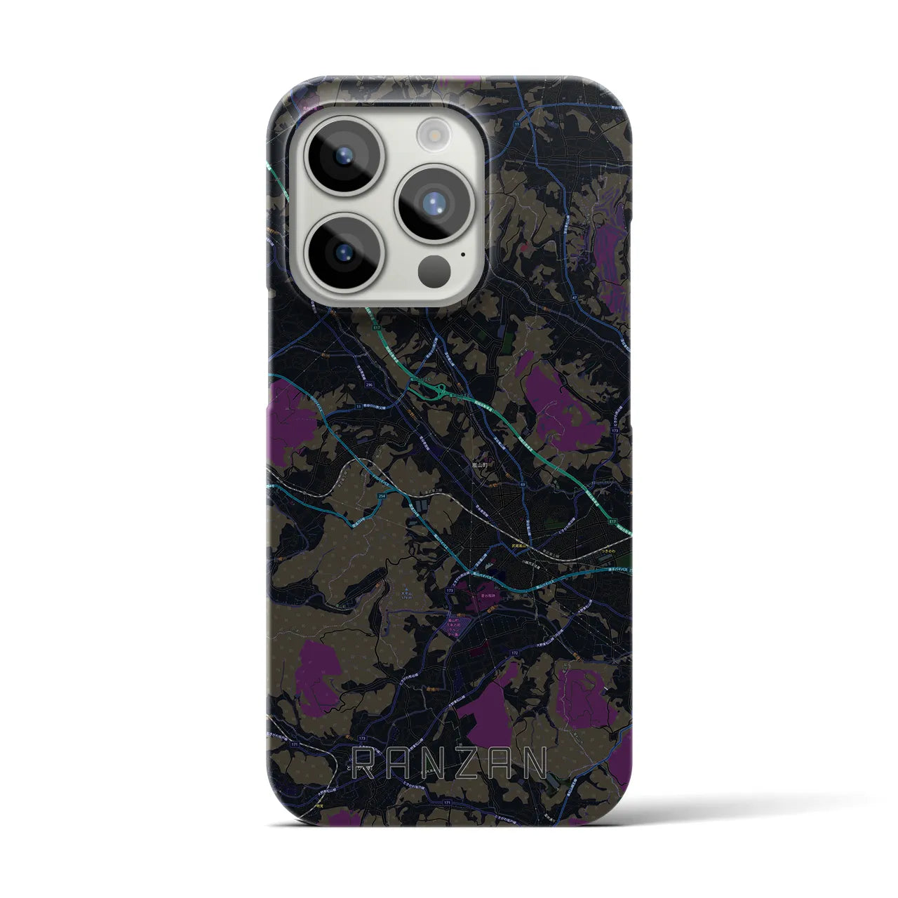 【嵐山（埼玉県）】地図柄iPhoneケース（バックカバータイプ・ブラック）iPhone 15 Pro 用