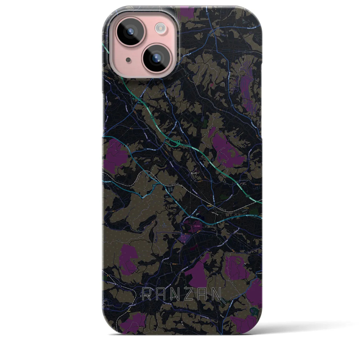 【嵐山（埼玉県）】地図柄iPhoneケース（バックカバータイプ・ブラック）iPhone 15 Plus 用