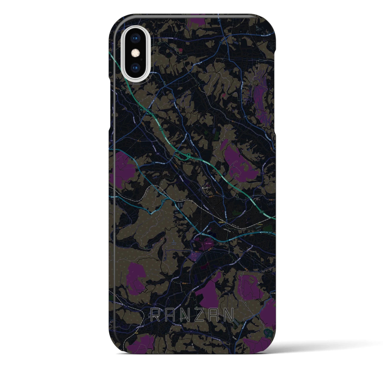 【嵐山（埼玉県）】地図柄iPhoneケース（バックカバータイプ・ブラック）iPhone XS Max 用