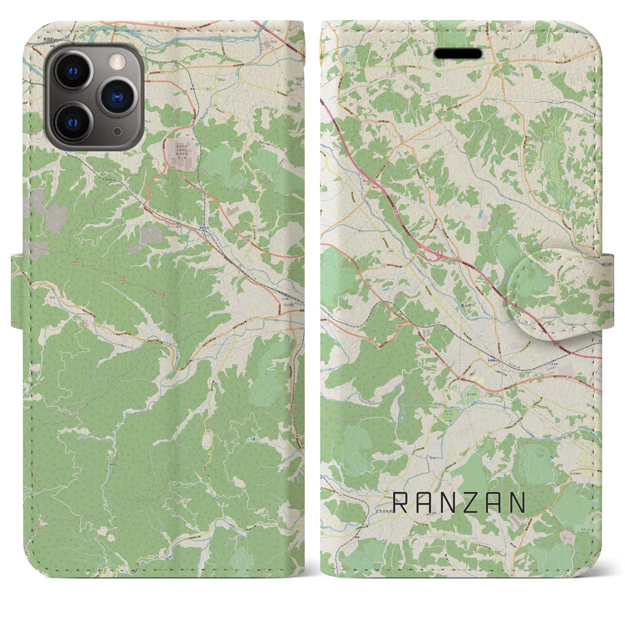 【嵐山（埼玉県）】地図柄iPhoneケース（手帳両面タイプ・ナチュラル）iPhone 11 Pro Max 用