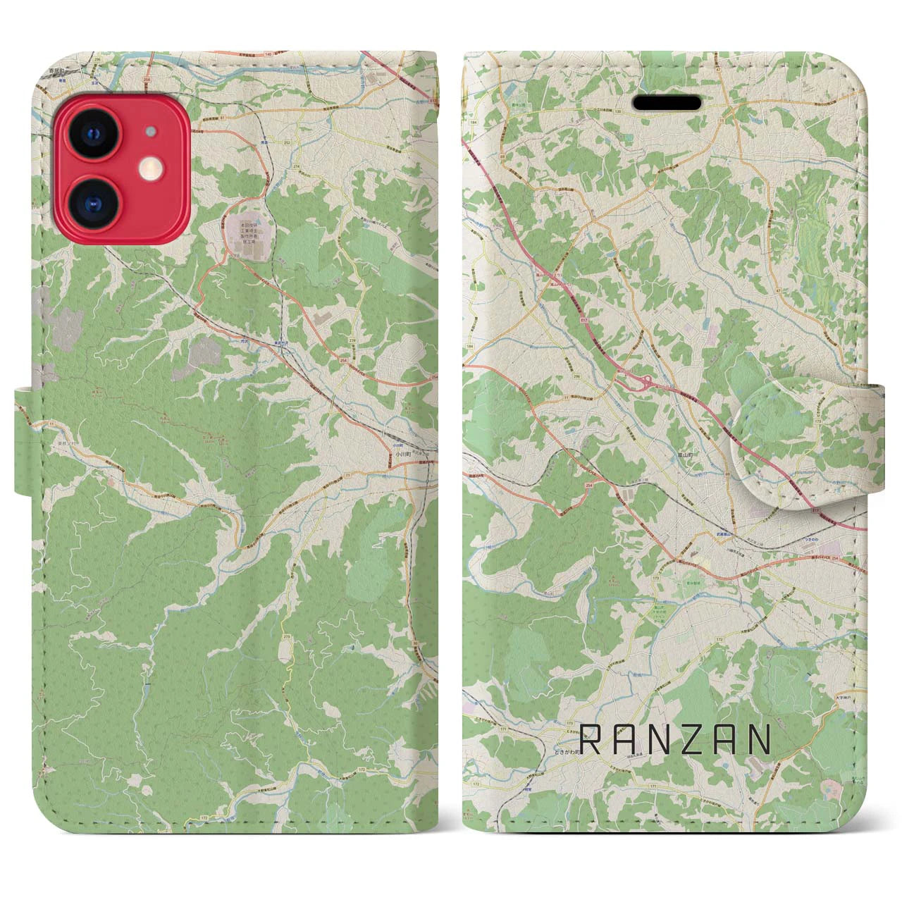 【嵐山（埼玉県）】地図柄iPhoneケース（手帳両面タイプ・ナチュラル）iPhone 11 用