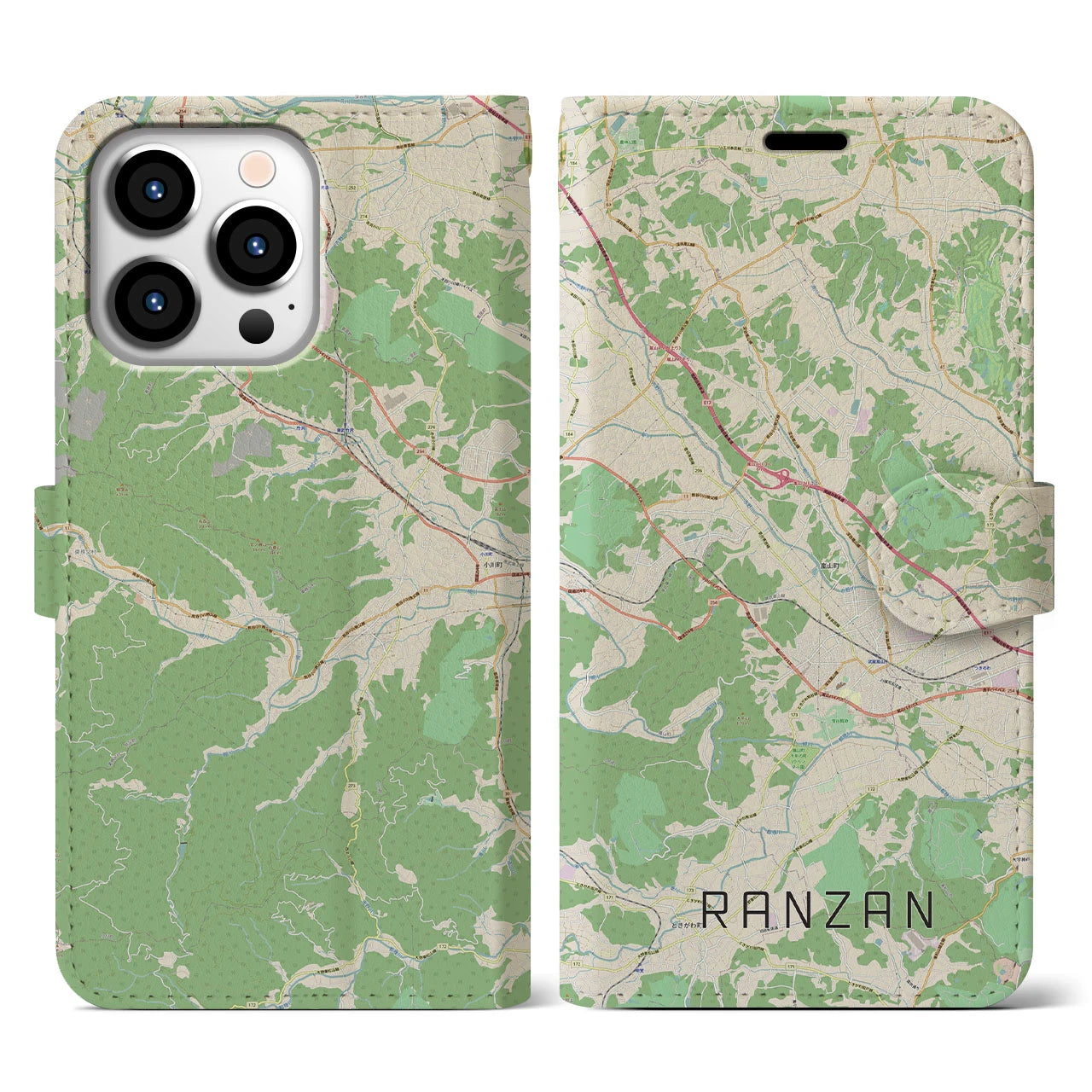 【嵐山（埼玉県）】地図柄iPhoneケース（手帳両面タイプ・ナチュラル）iPhone 13 Pro 用