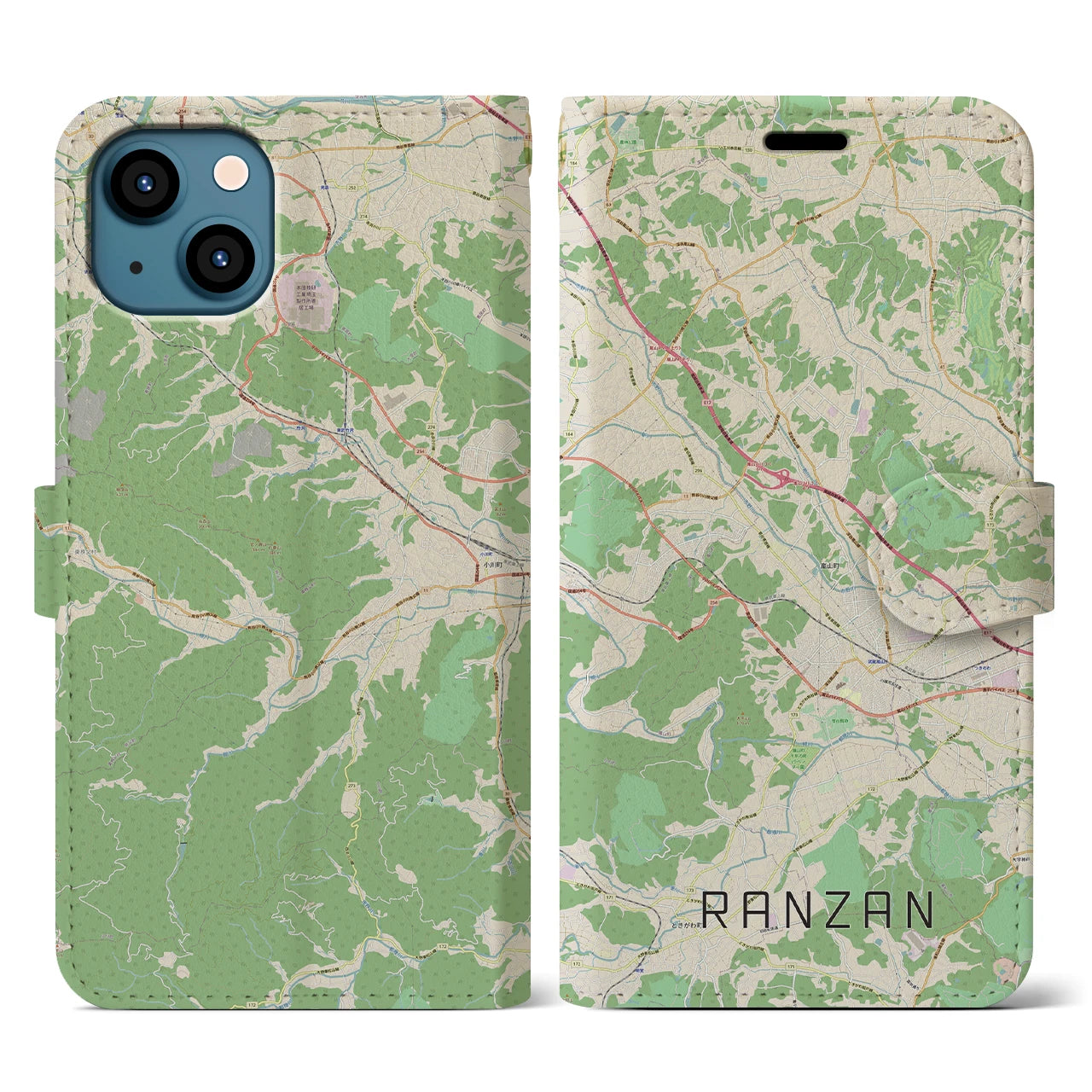 【嵐山（埼玉県）】地図柄iPhoneケース（手帳両面タイプ・ナチュラル）iPhone 13 用