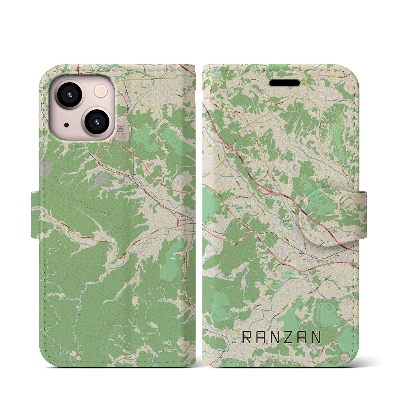 【嵐山（埼玉県）】地図柄iPhoneケース（手帳両面タイプ・ナチュラル）iPhone 13 mini 用