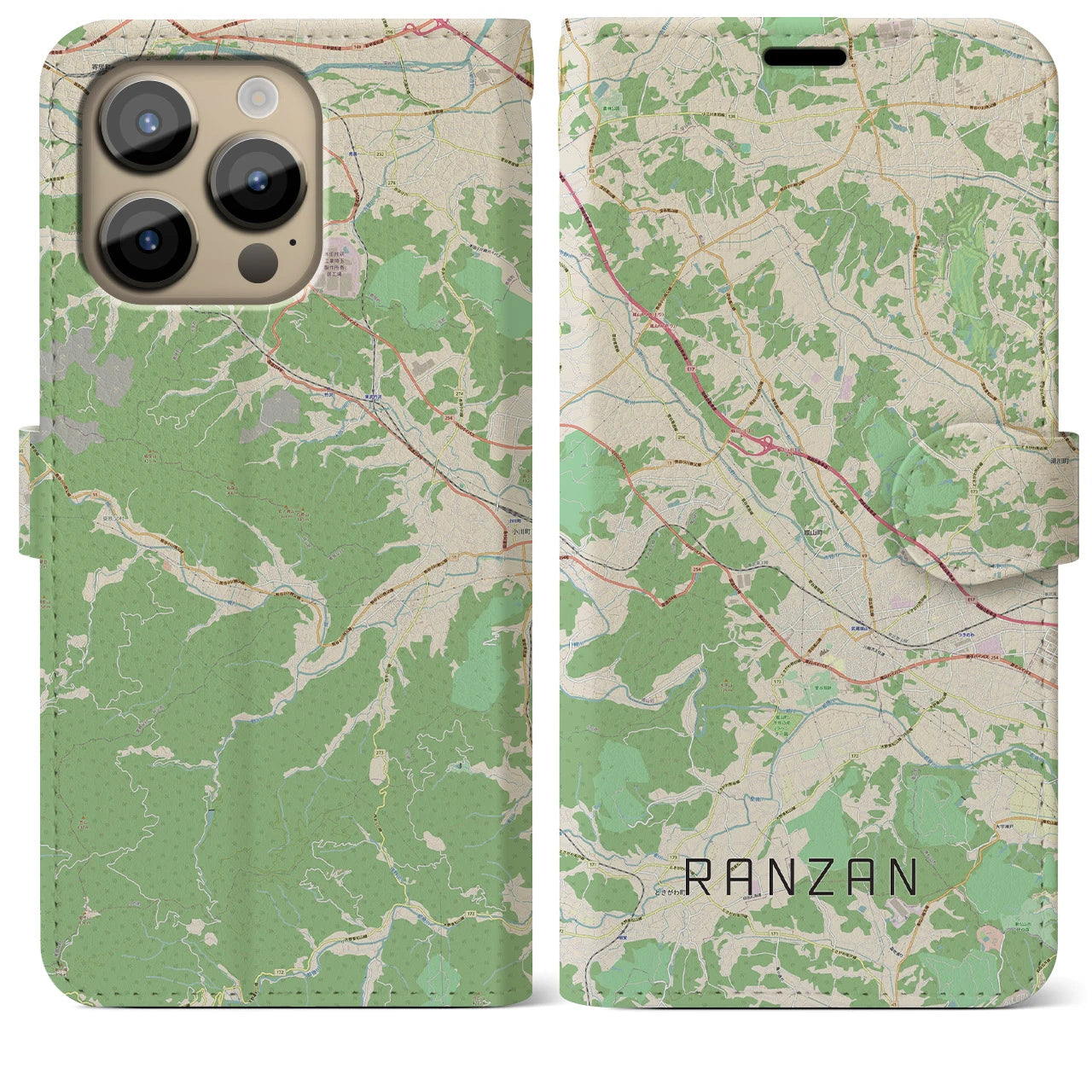 【嵐山（埼玉県）】地図柄iPhoneケース（手帳両面タイプ・ナチュラル）iPhone 14 Pro Max 用
