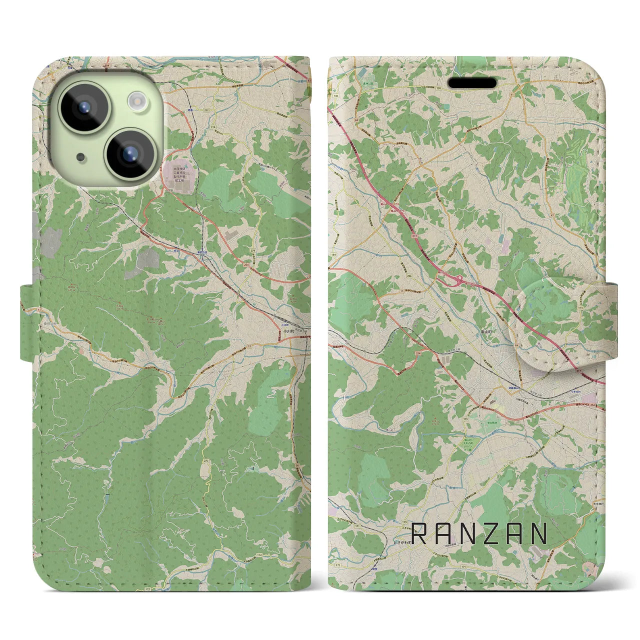 【嵐山（埼玉県）】地図柄iPhoneケース（手帳両面タイプ・ナチュラル）iPhone 15 用