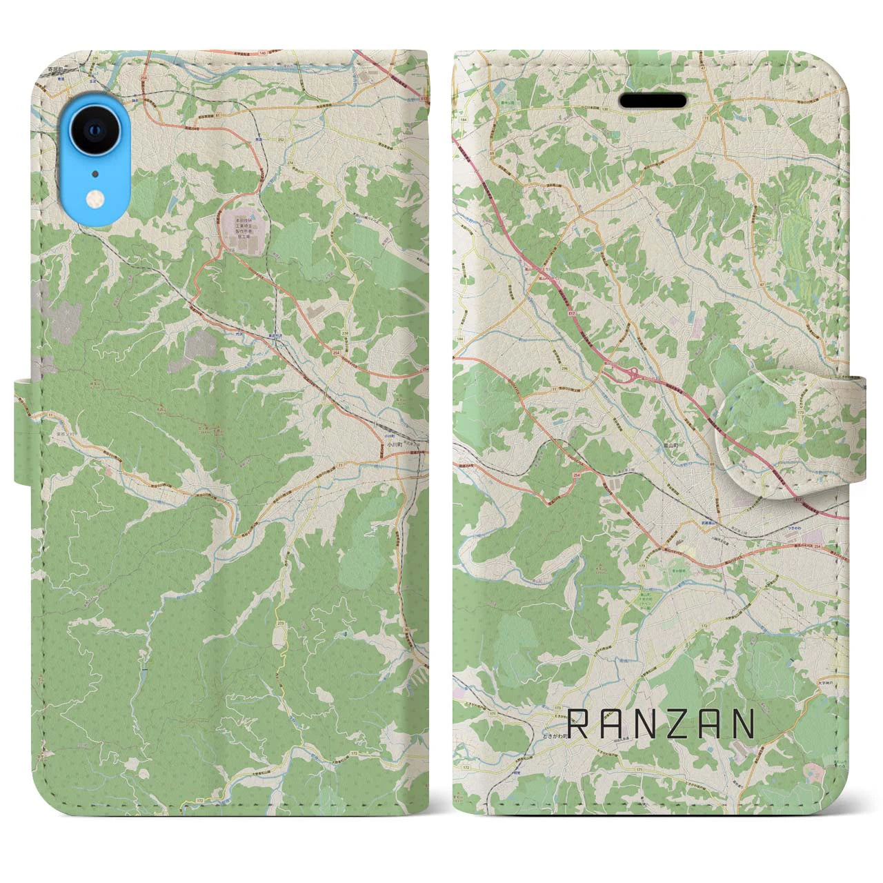 【嵐山（埼玉県）】地図柄iPhoneケース（手帳両面タイプ・ナチュラル）iPhone XR 用