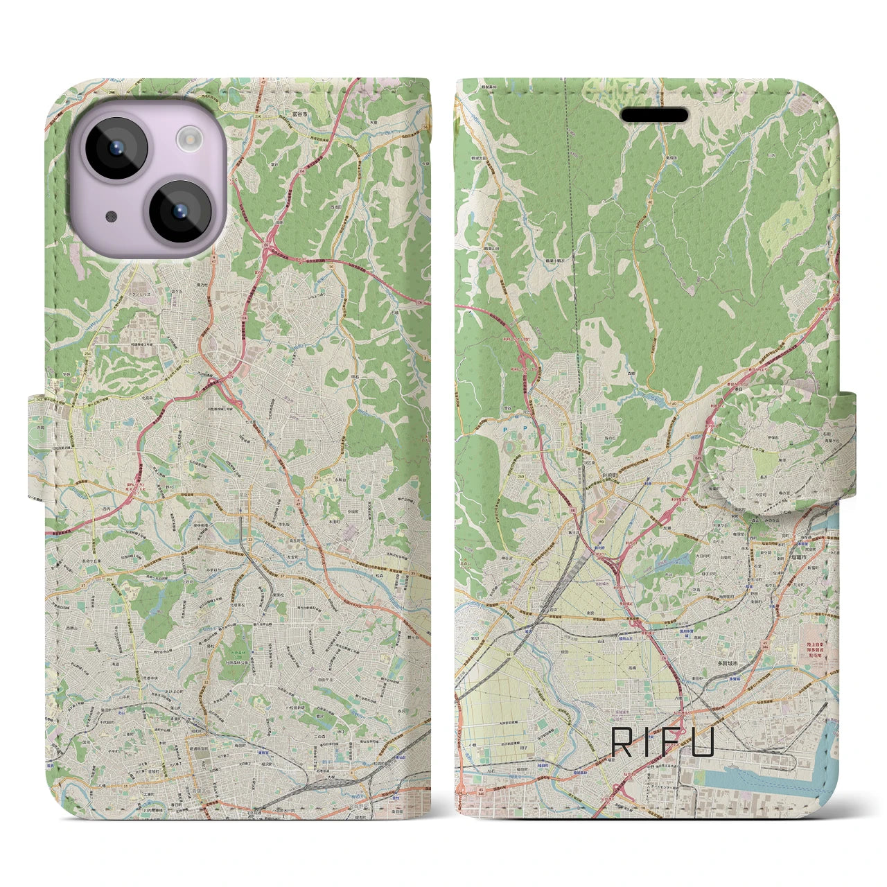 【利府】地図柄iPhoneケース（手帳両面タイプ・ナチュラル）iPhone 14 用