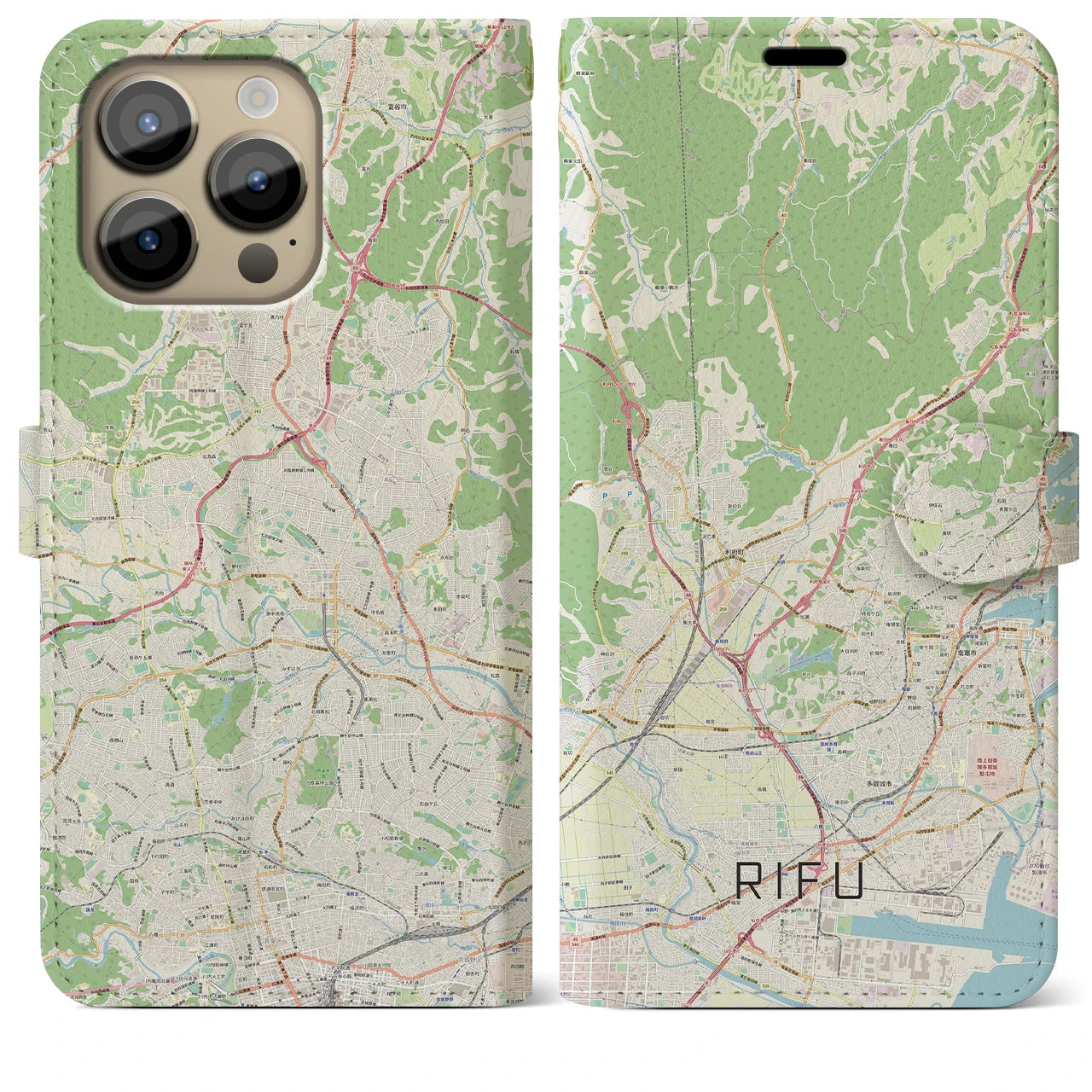 【利府】地図柄iPhoneケース（手帳両面タイプ・ナチュラル）iPhone 14 Pro Max 用