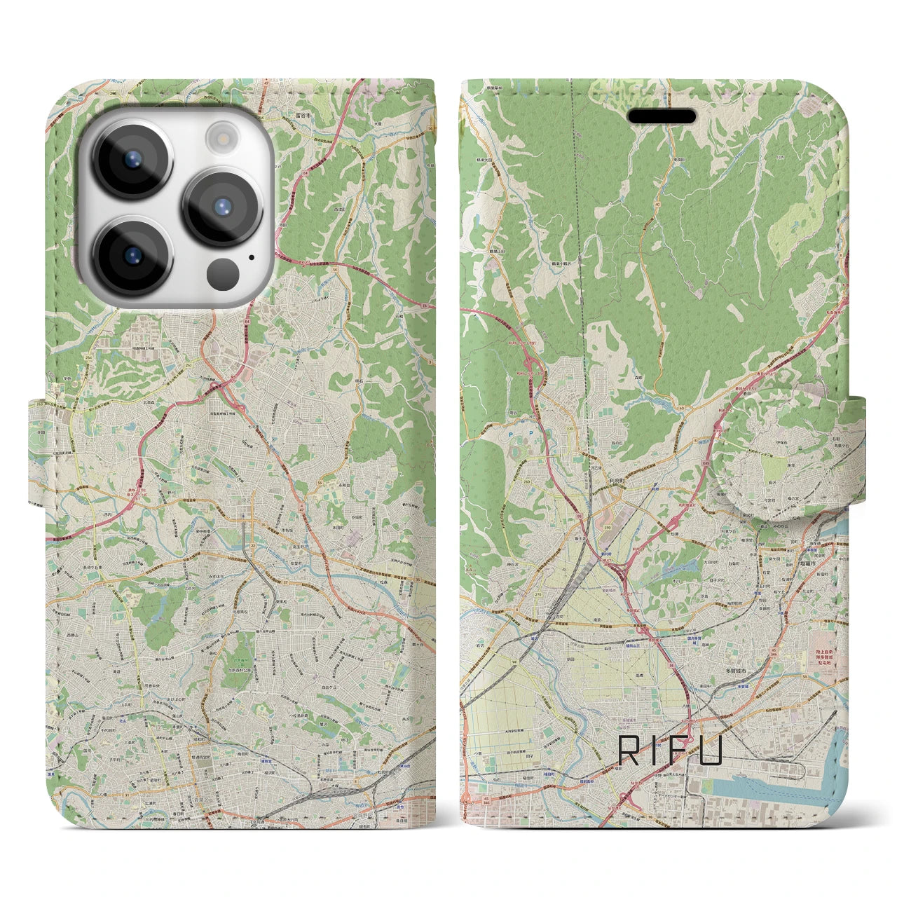 【利府】地図柄iPhoneケース（手帳両面タイプ・ナチュラル）iPhone 14 Pro 用