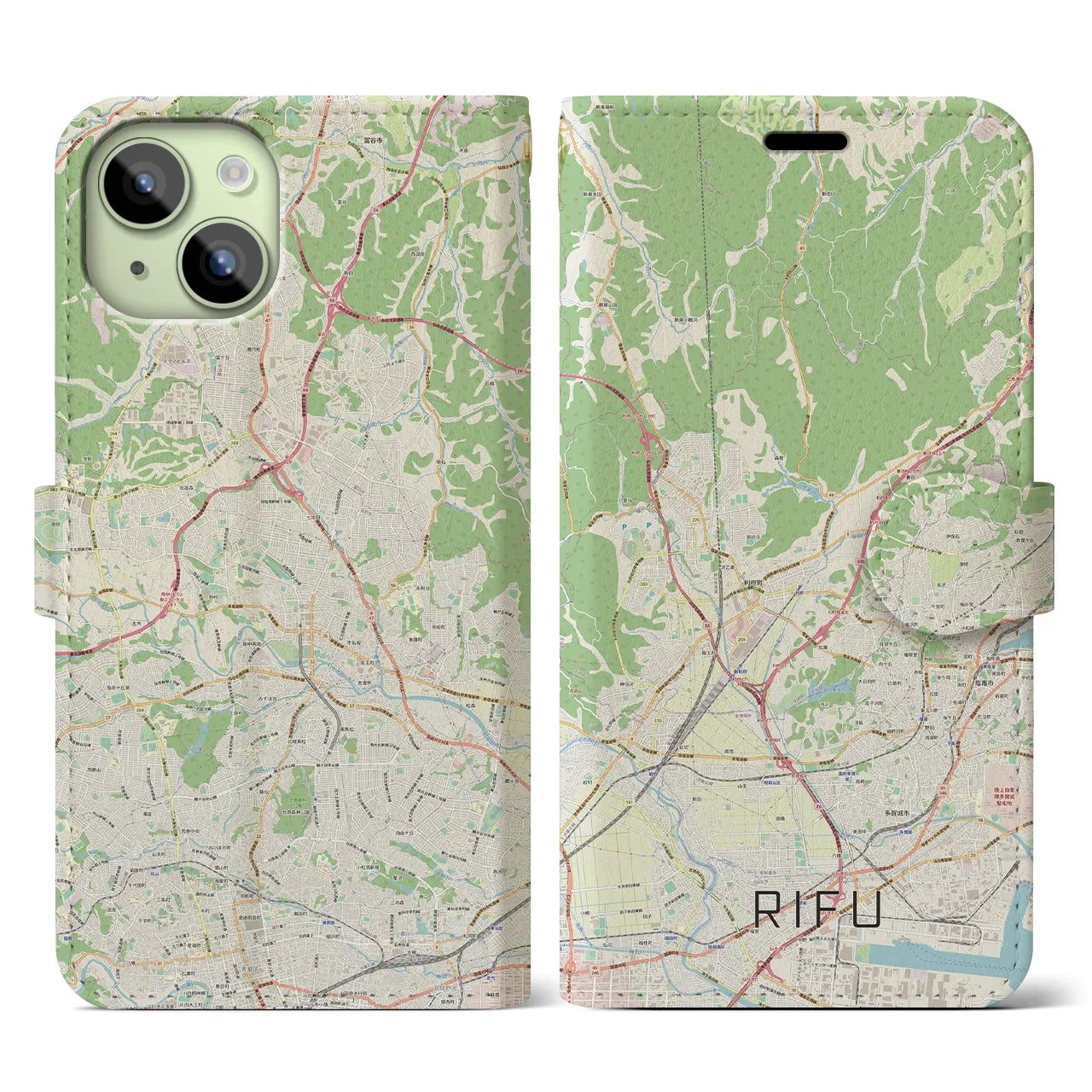 【利府】地図柄iPhoneケース（手帳両面タイプ・ナチュラル）iPhone 15 用