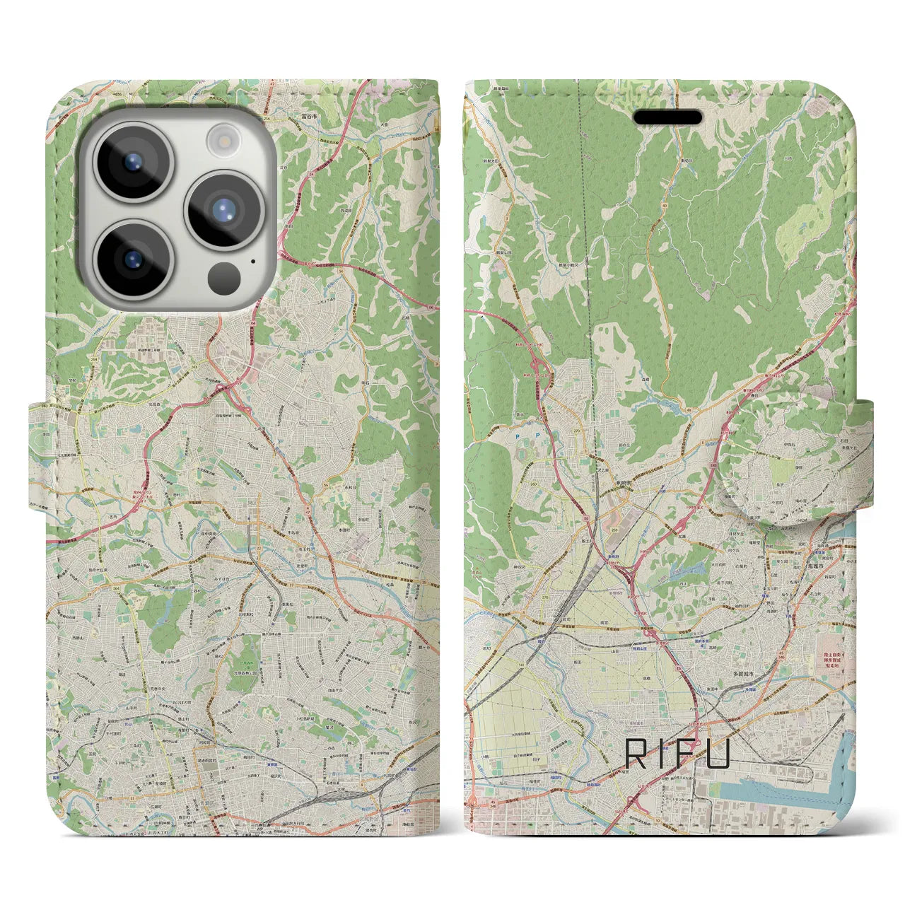 【利府】地図柄iPhoneケース（手帳両面タイプ・ナチュラル）iPhone 15 Pro 用