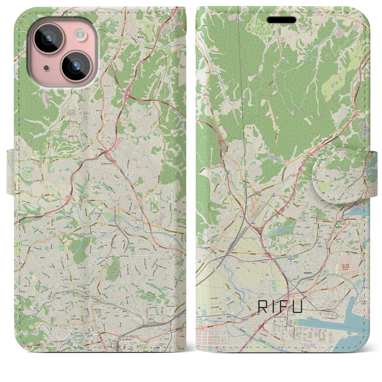 【利府】地図柄iPhoneケース（手帳両面タイプ・ナチュラル）iPhone 15 Plus 用
