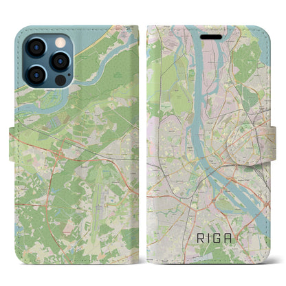 【リガ（ラトビア）】地図柄iPhoneケース（手帳タイプ）ナチュラル・iPhone 12 / 12 Pro 用