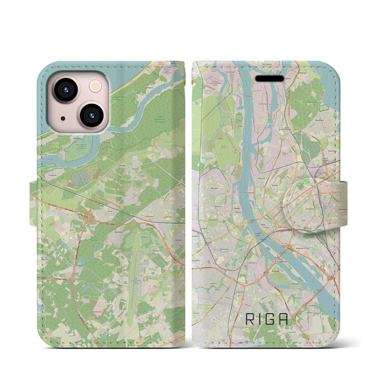 【リガ】地図柄iPhoneケース（手帳両面タイプ・ナチュラル）iPhone 13 mini 用