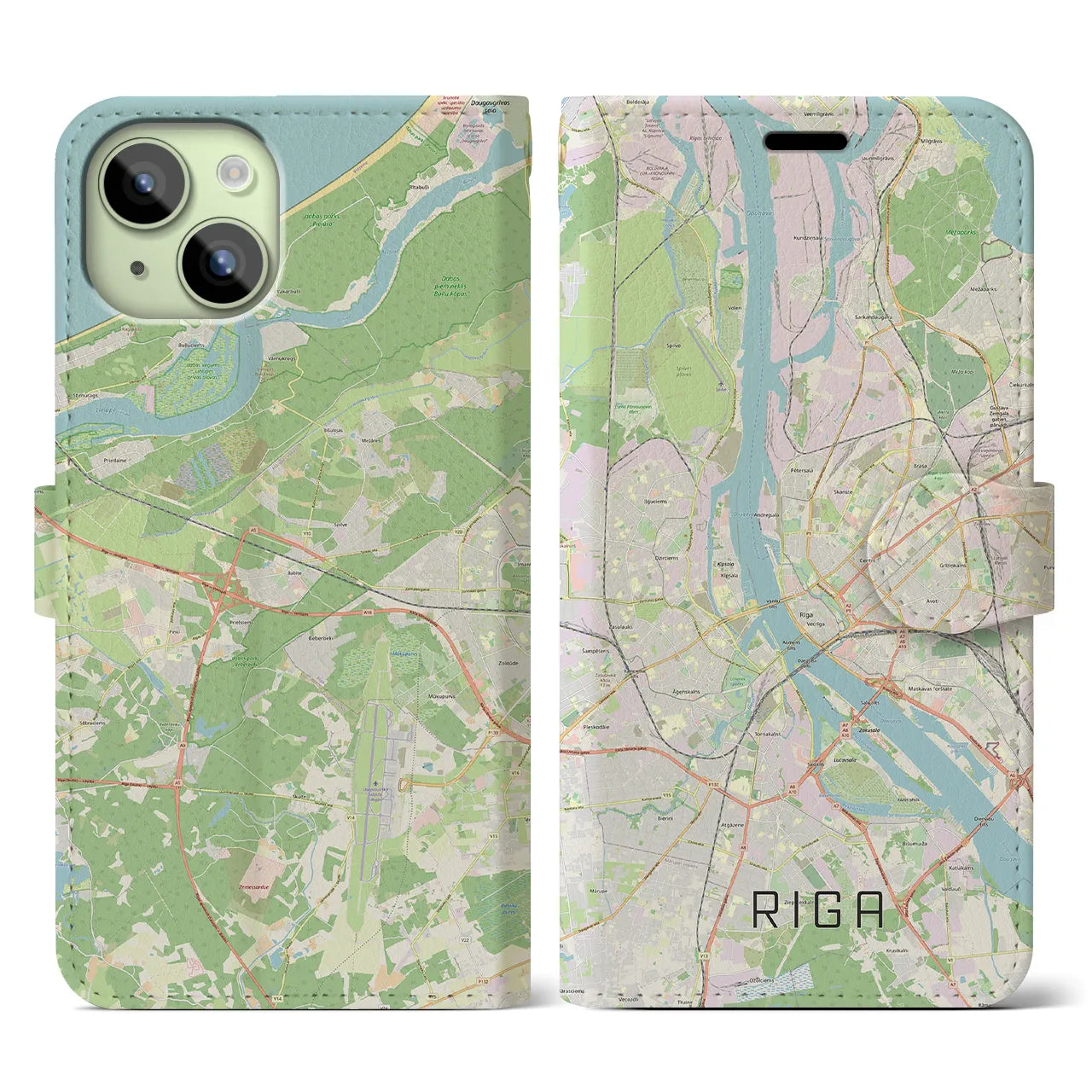【リガ】地図柄iPhoneケース（手帳両面タイプ・ナチュラル）iPhone 15 用