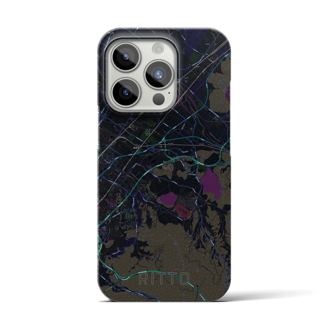 【栗東】地図柄iPhoneケース（バックカバータイプ・ブラック）iPhone 15 Pro 用