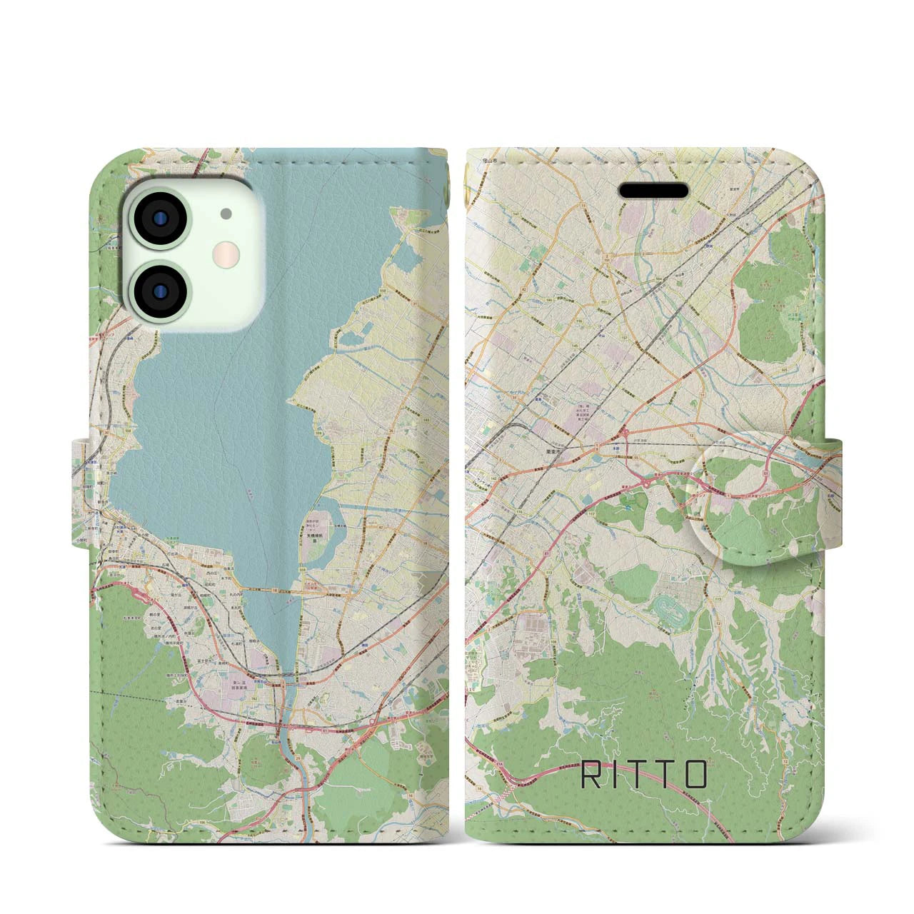 【栗東】地図柄iPhoneケース（手帳両面タイプ・ナチュラル）iPhone 12 mini 用